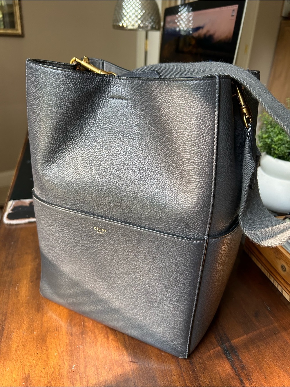 Celine Black Soft Grained Calfskin Sangle Bucket Bag